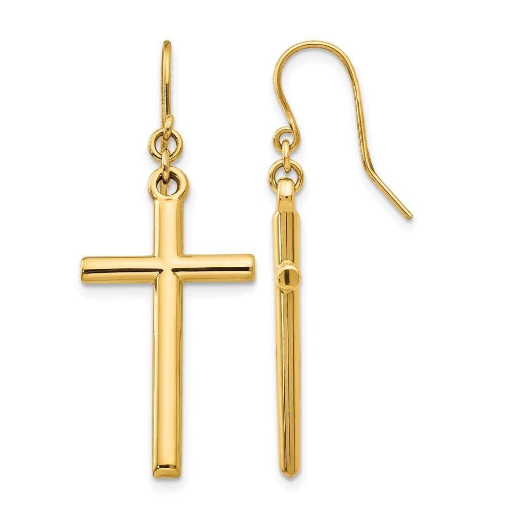14k Yellow Gold Cross Shepherd Hook Dangle Earrings